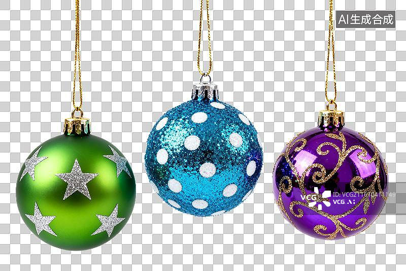 【AI数字艺术】三颗彩色圣诞装饰球悬挂展示图片素材