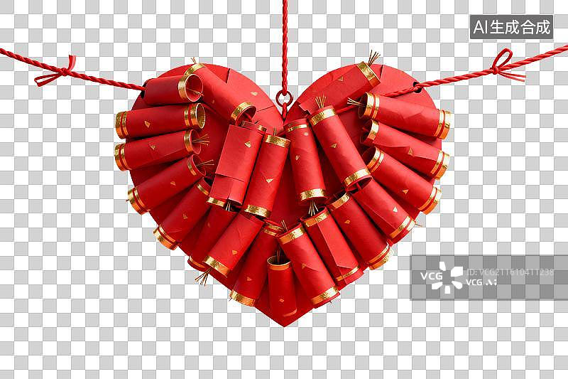【AI数字艺术】红色鞭炮组成的心形装饰挂件图片素材