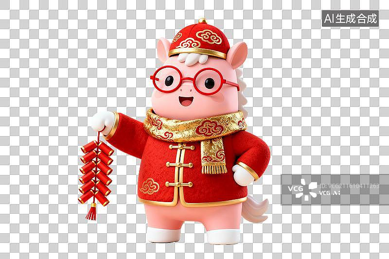【AI数字艺术】穿红衣戴眼镜的小猪手持鞭炮图片素材