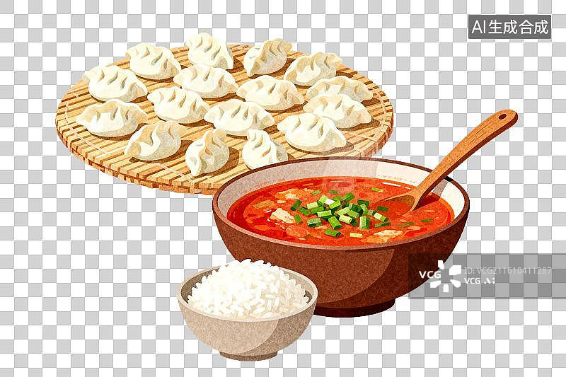 【AI数字艺术】饺子配汤与米饭的美味组合图片素材