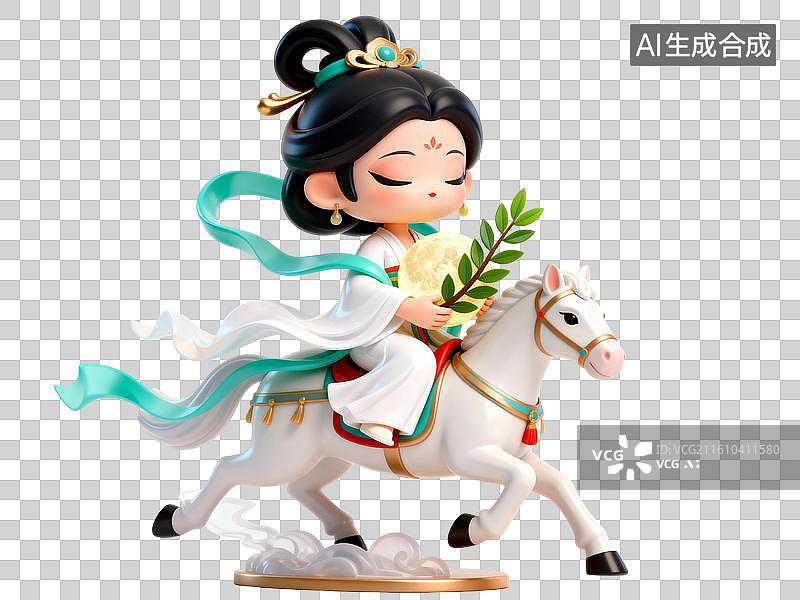 【AI数字艺术】嫦娥骑白马抱月亮摆件 马年卡通创意插画图片素材