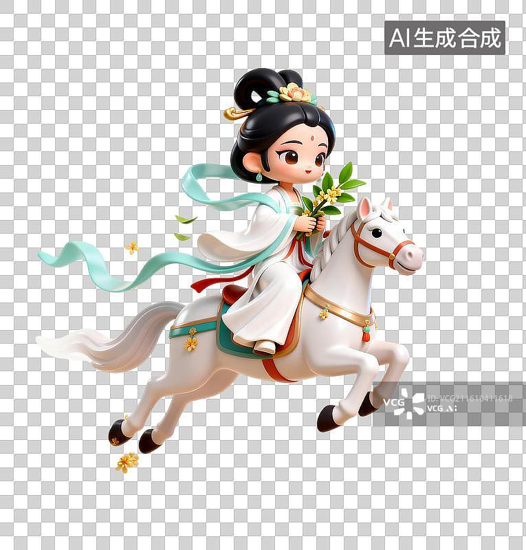 【AI数字艺术】嫦娥骑白马飞在半空中 马年卡通创意插画图片素材