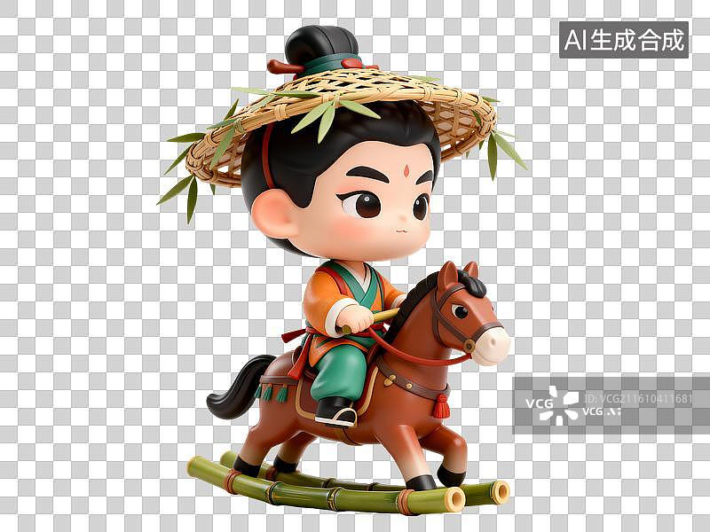 【AI数字艺术】骑着摇摆木马带草帽的男孩 马年卡通创意插画图片素材