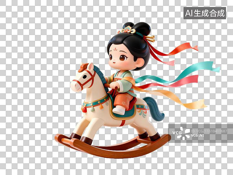 【AI数字艺术】骑着摇摆木马的小仙女 马年卡通创意插画图片素材