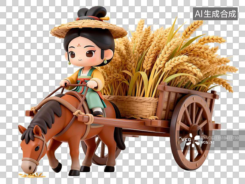 【AI数字艺术】丰收节 农妇驾马车运送新麦 马年卡通创意插画图片素材