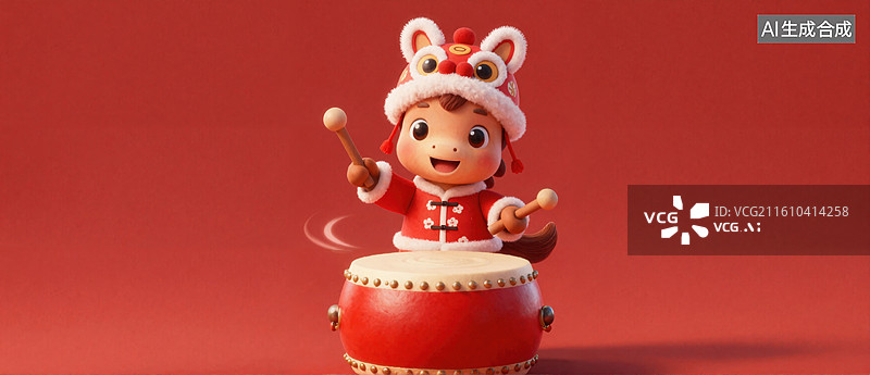 【AI数字艺术】马年春节卡通人物敲鼓庆祝图片素材