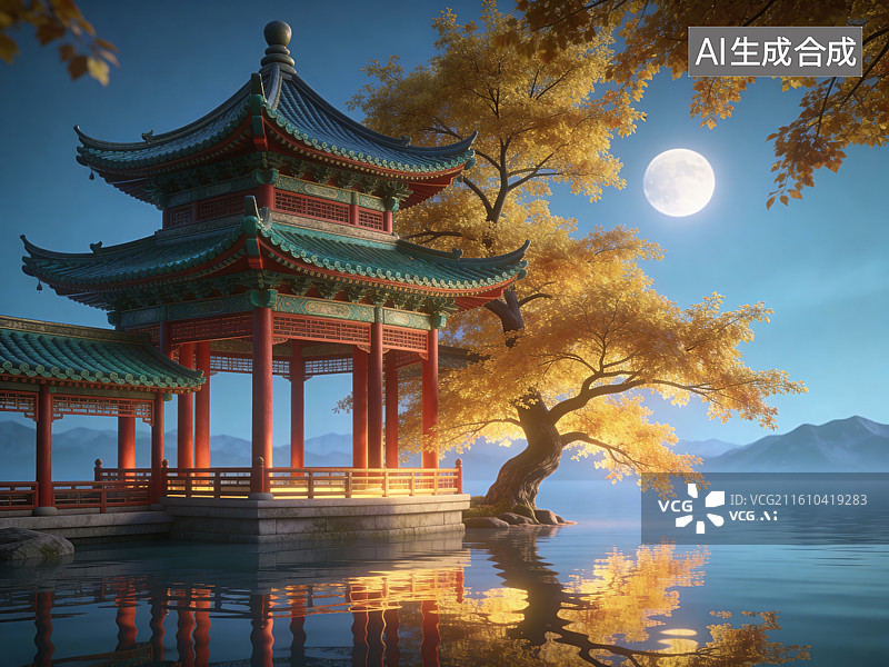 【AI数字艺术】月下亭台秋景倒影图片素材