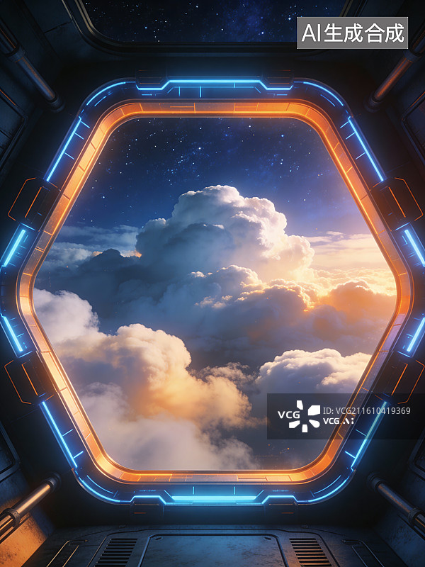 【AI数字艺术】太空舱窗外的云层与星空图片素材