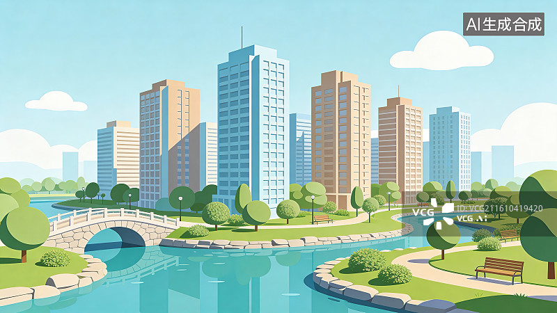 【AI数字艺术】城市公园与河流景观图片素材