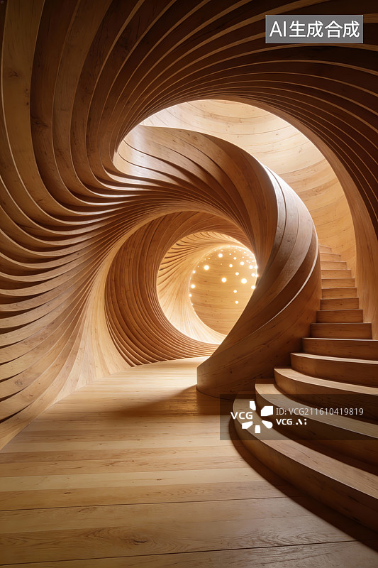 【AI数字艺术】木质螺旋楼梯与曲线隧道图片素材