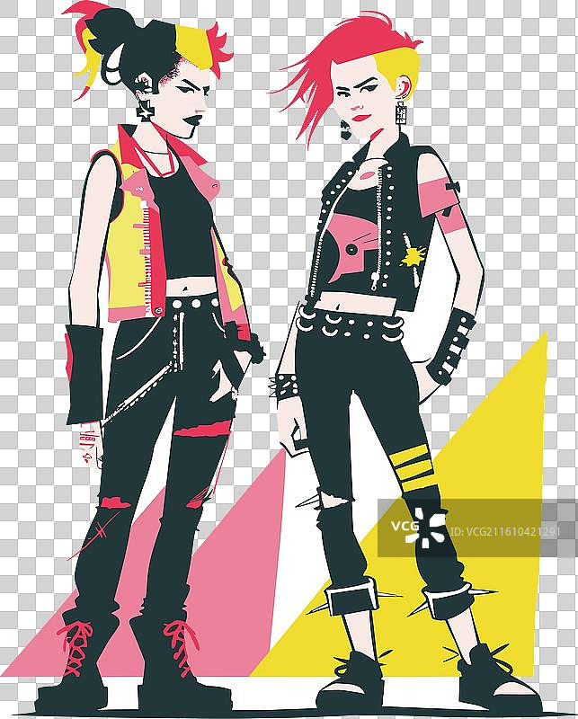 两个年轻的朋克女子，穿着前卫的服装，染着彩色的头发图片素材