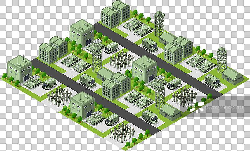 军事基地，有坦克、士兵和建筑物图片素材
