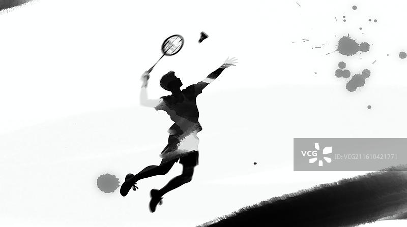 水墨 运动 设计 插画 人物 动作 羽毛球 球拍图片素材