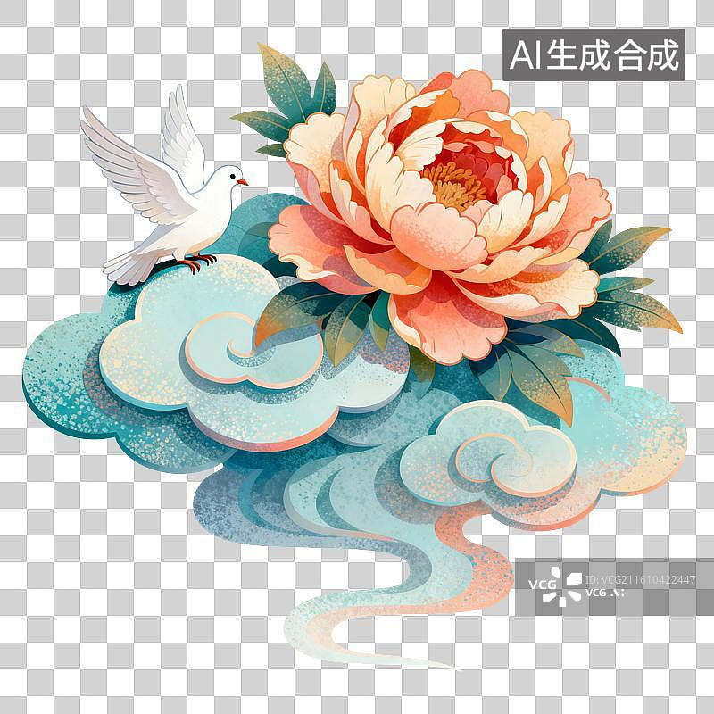 【AI数字艺术】祥云牡丹白鸽节日插画图片素材