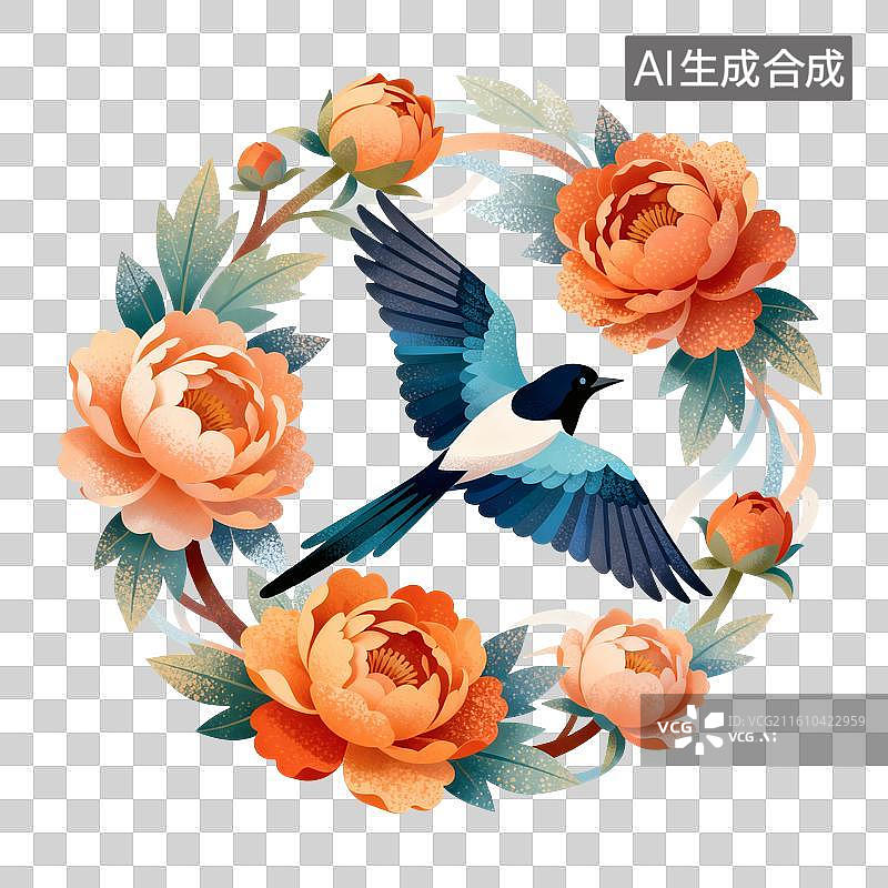 【AI数字艺术】牡丹花上的喜鹊鸟插画图片素材