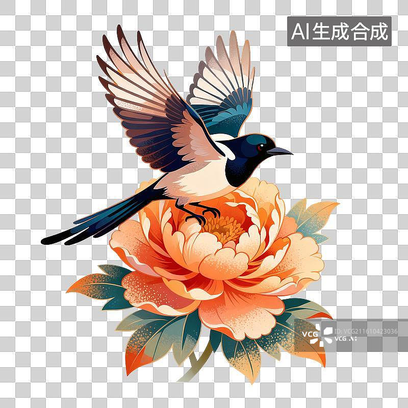 【AI数字艺术】牡丹花上的喜鹊鸟插画图片素材