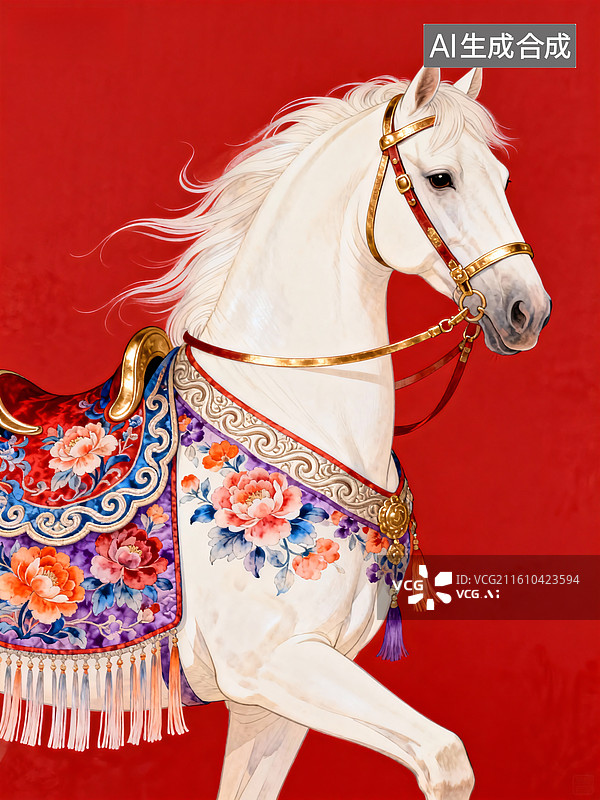 【AI数字艺术】红底彩鞍白马图图片素材