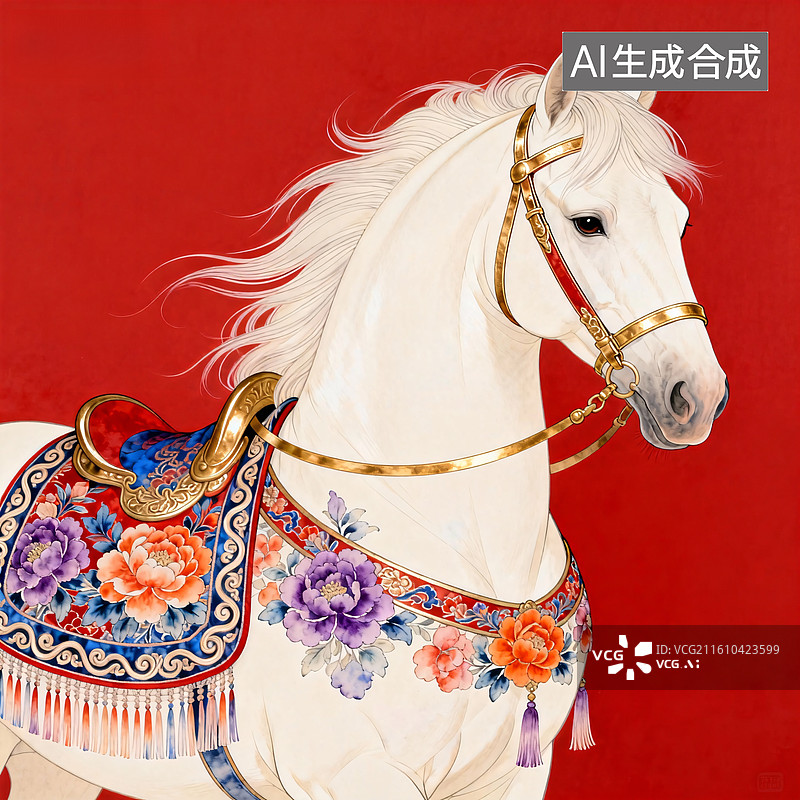 【AI数字艺术】红底彩鞍白马图图片素材