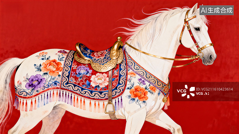 【AI数字艺术】红底彩鞍白马图图片素材