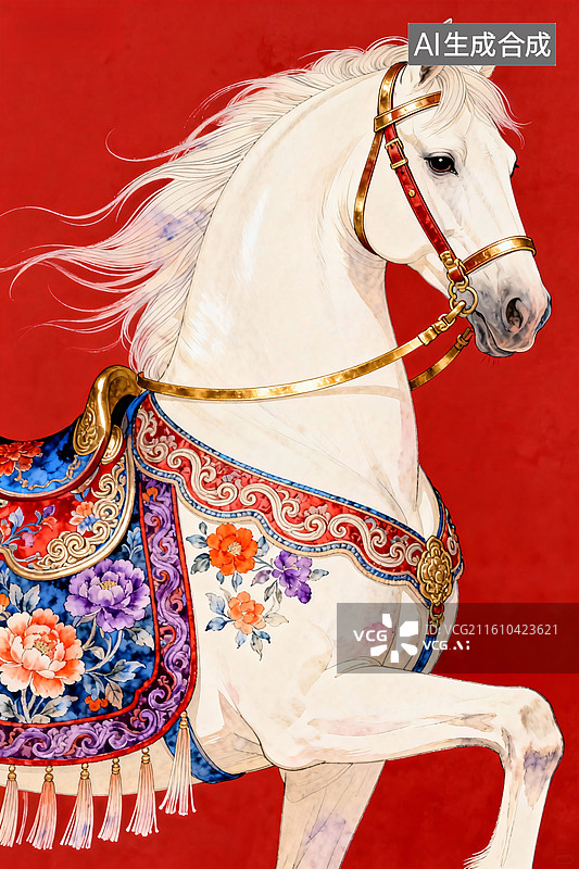 【AI数字艺术】红底彩鞍白马图图片素材