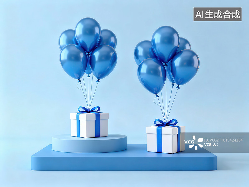【AI数字艺术】蓝色气球与礼盒装饰图片素材