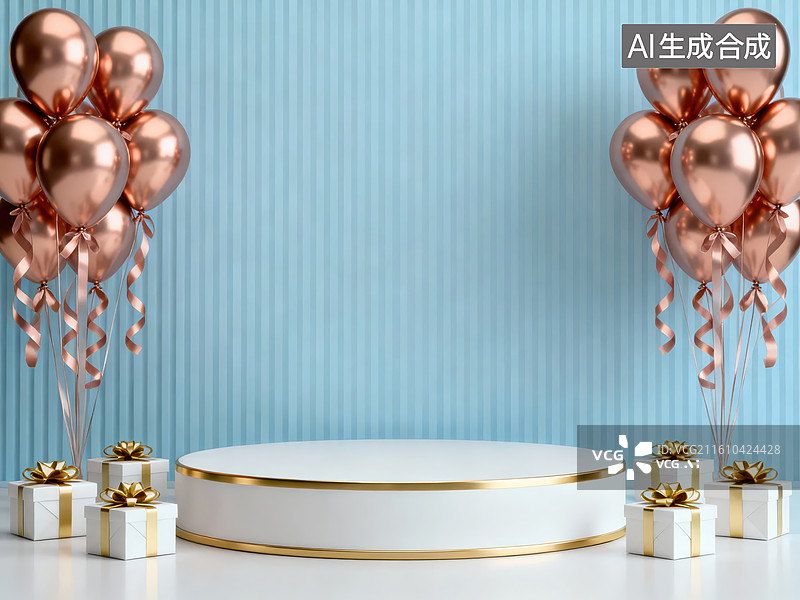 【AI数字艺术】金色气球与礼盒装饰场景图片素材