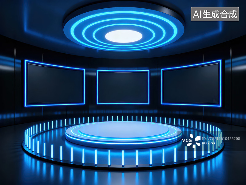 【AI数字艺术】蓝色光效科技舞台图片素材