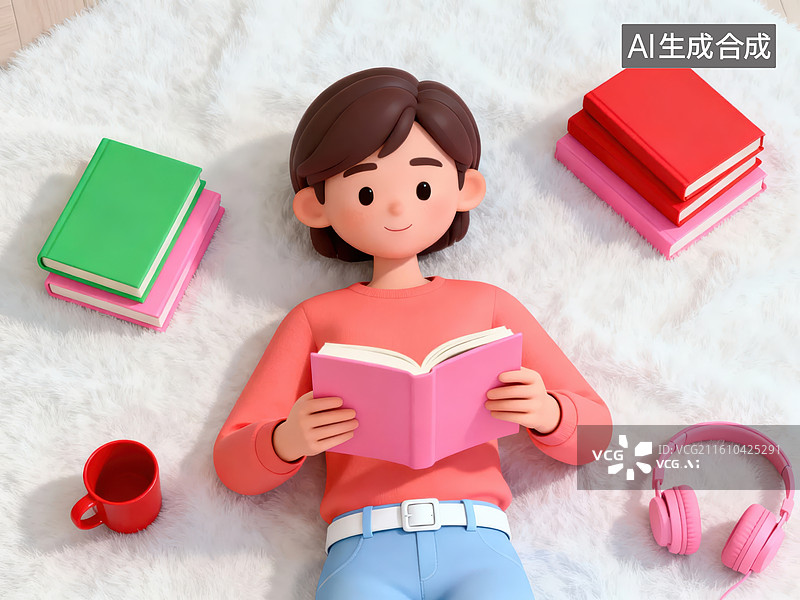 【AI数字艺术】人物躺在地毯上阅读书籍图片素材