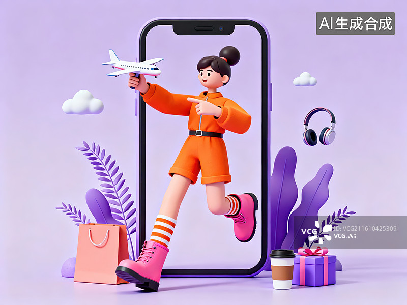 【AI数字艺术】手机屏幕中的女孩手持飞机图片素材
