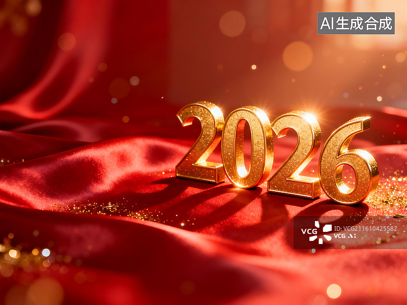 【AI数字艺术】2026 新年金色数字背景：红色绸缎搭配闪粉光斑 喜庆暖光质感的节日视觉设计素材 奢华立体装饰画面图片素材