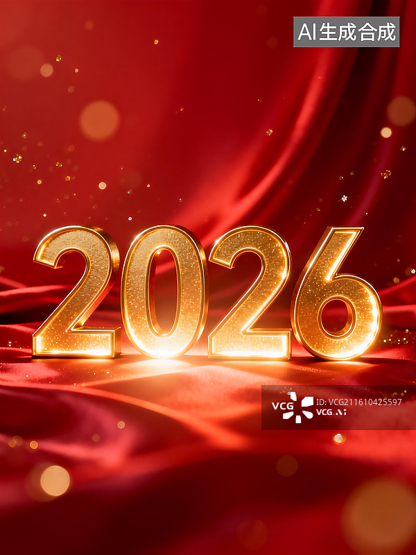 【AI数字艺术】2026 新年金色数字背景：红色绸缎搭配闪粉光斑 喜庆暖光质感的节日视觉设计素材 奢华立体装饰画面图片素材