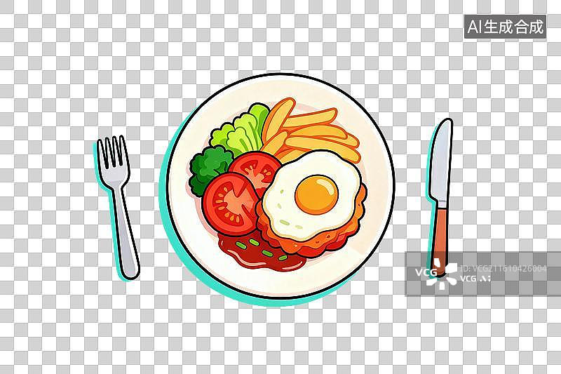 【AI数字艺术】卡通风格，美味的西餐，两侧的刀叉PNG格式的免扣元素图片素材