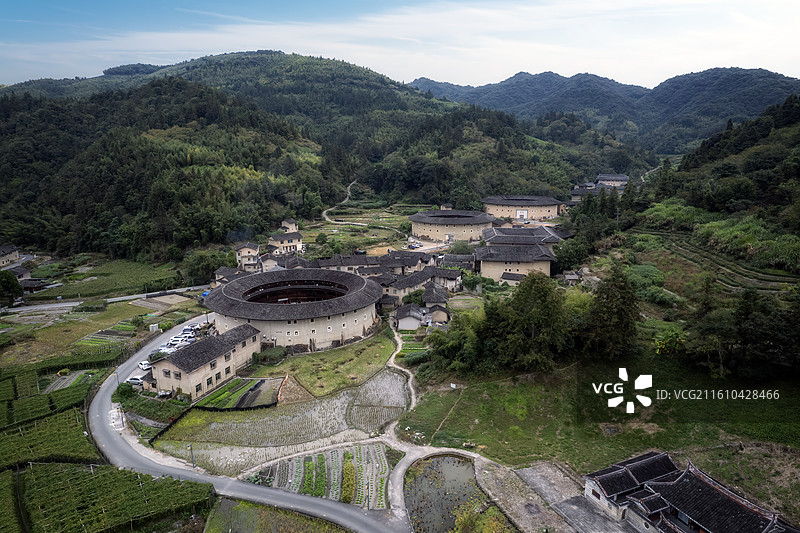 航拍福建南靖河坑土楼乡村特色建筑图片素材