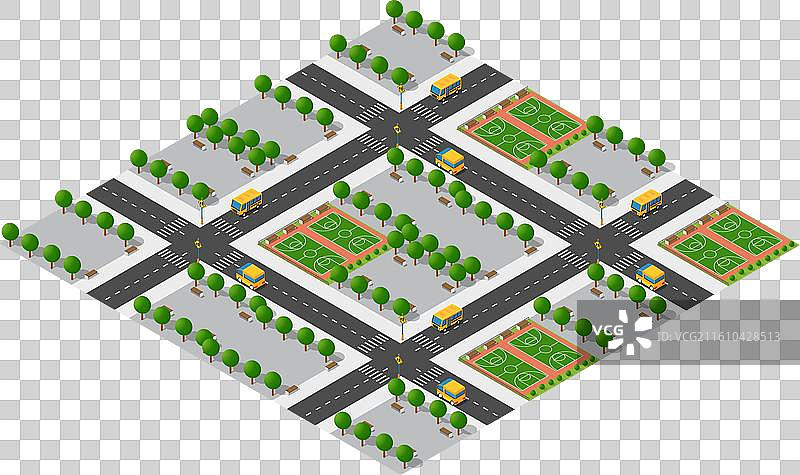 带有篮球场的等距城市地图图片素材