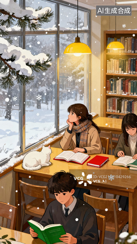 【AI数字艺术】冬日图书馆里读书的少年图片素材