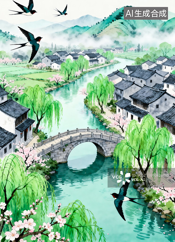 【AI数字艺术】江南水乡春色图桃花烟雨江南图片素材