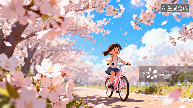 【AI数字艺术】女孩骑车穿行樱花林图片素材