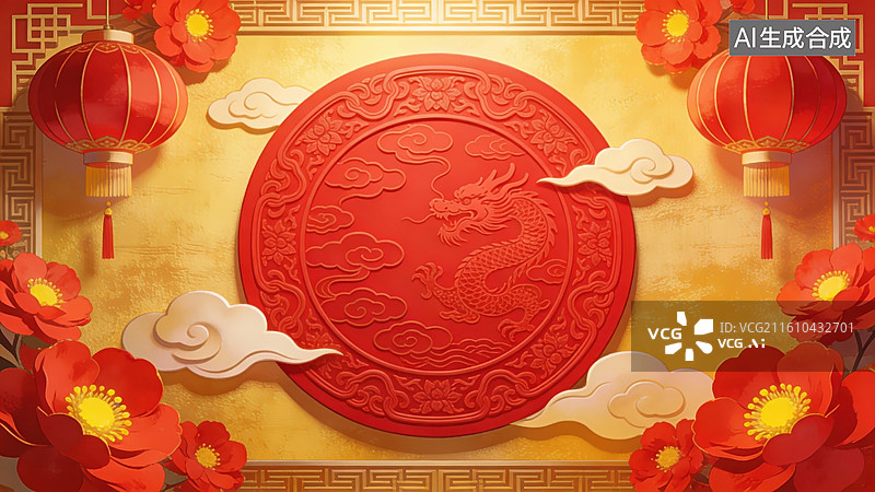 【AI数字艺术】红色圆形装饰与灯笼花卉图案图片素材
