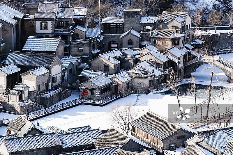北京古北水镇雪景，中长焦高视角俯瞰建筑群图片素材
