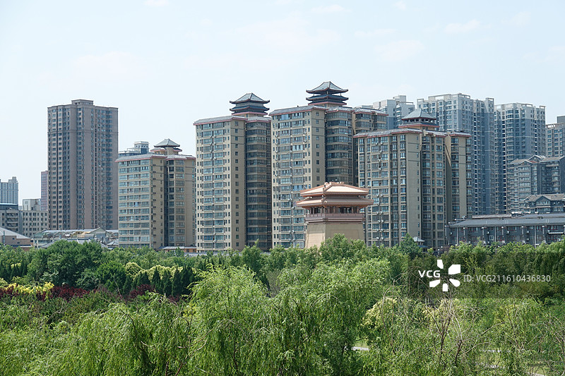 陕西省咸阳市渭河咸阳湖咸阳古渡渭滨公园两岸风光图片素材