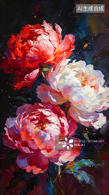 【AI数字艺术】牡丹花油画，牡丹厚涂笔触油画图片素材