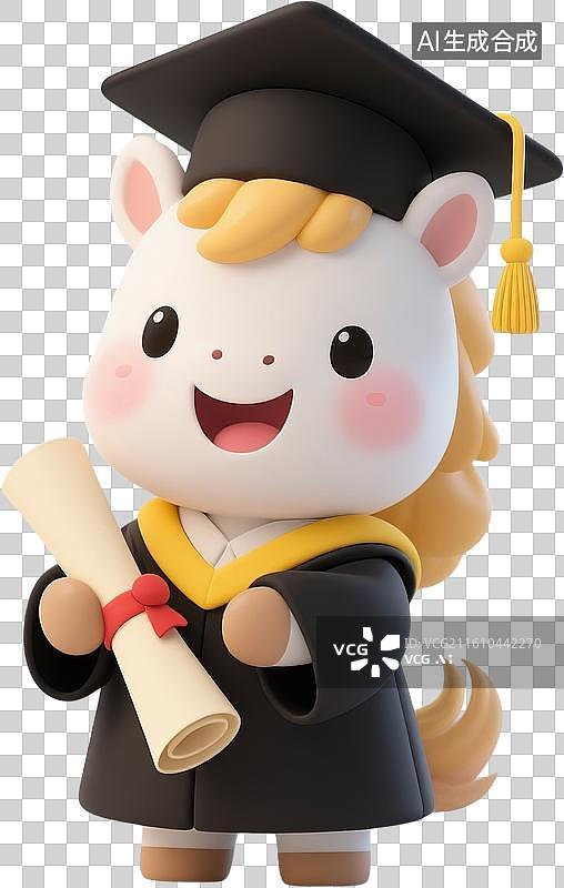 【AI数字艺术】3D卡通插画2026年马年吉祥语穿着毕业礼服手拿毕业证的可爱小马坐在马上撒金币的状元设计元素免抠图形图片素材