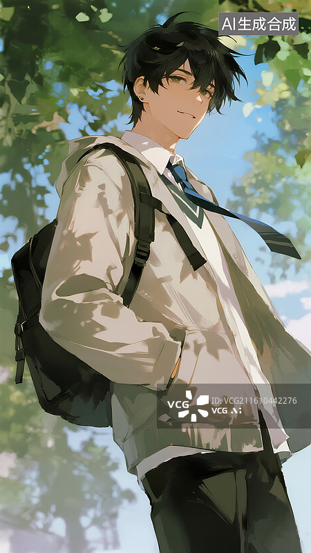 【AI数字艺术】动漫风格，高中生，黑色头发，宽松高中校服外套，单手插兜，单肩背了个黑色背包，光影斑驳，绿阴，自然光图片素材