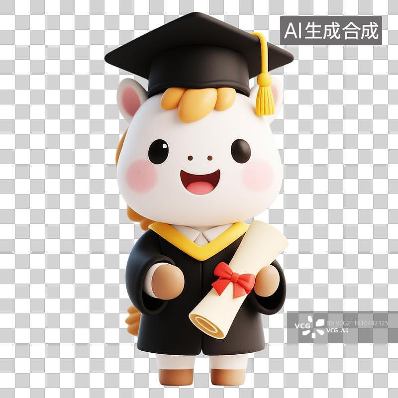 【AI数字艺术】3D卡通插画2026年马年吉祥语穿着毕业礼服手拿毕业证的可爱小马坐在马上撒金币的状元设计元素免抠图形图片素材
