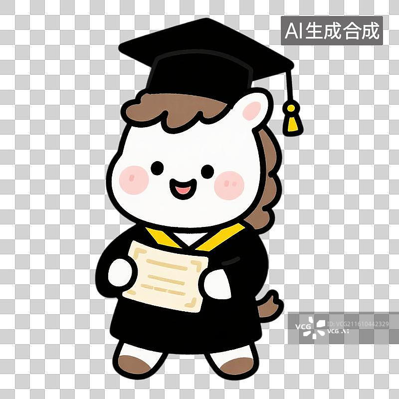 【AI数字艺术】3D卡通插画2026年马年吉祥语穿着毕业礼服手拿毕业证的可爱小马坐在马上撒金币的状元设计元素免抠图形图片素材