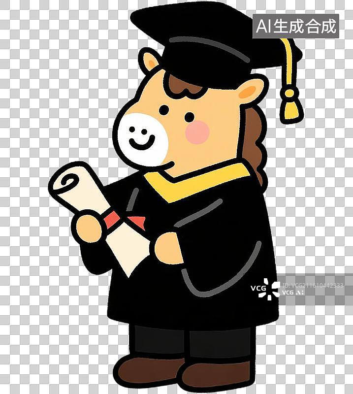 【AI数字艺术】3D卡通插画2026年马年吉祥语穿着毕业礼服手拿毕业证的可爱小马坐在马上撒金币的状元设计元素免抠图形图片素材