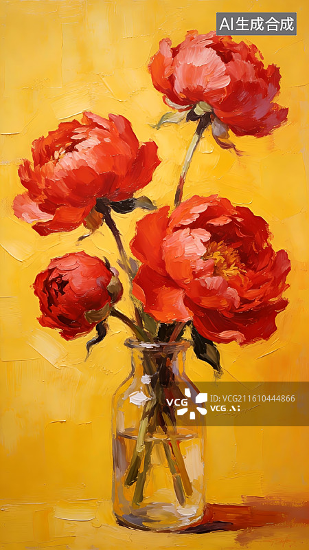 【AI数字艺术】玻璃花瓶中的红色牡丹花卉图片素材