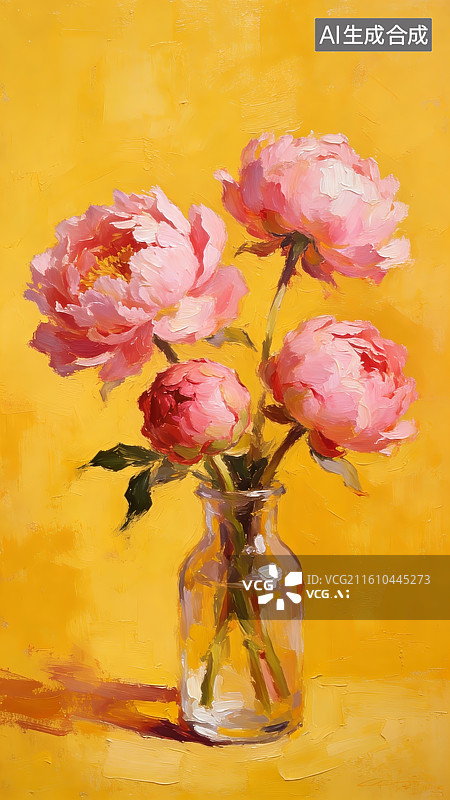 【AI数字艺术】玻璃花瓶中的粉色牡丹花卉图片素材