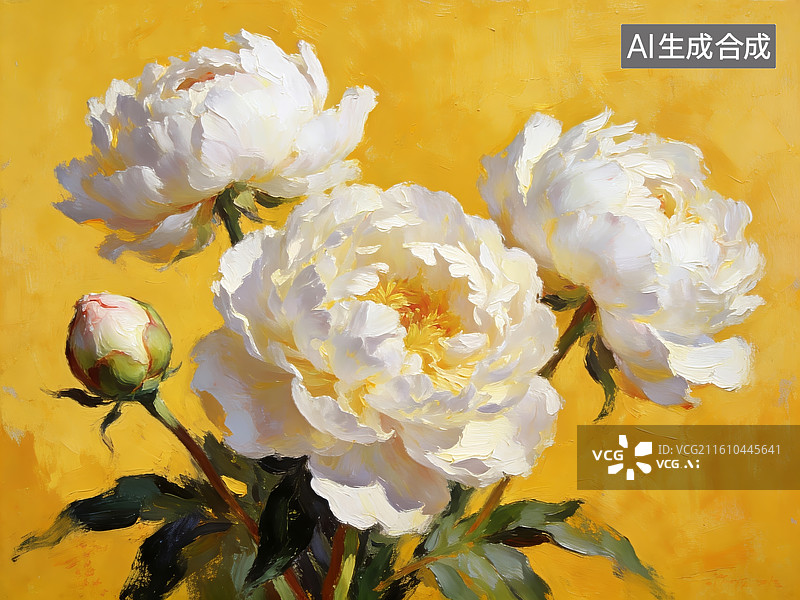 【AI数字艺术】特写白色牡丹花卉油画图片素材