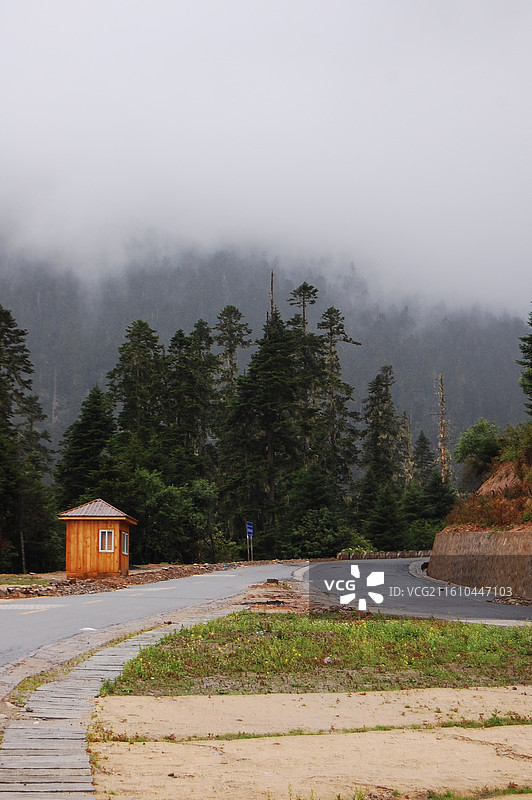 雾中山林道路与小木屋图片素材